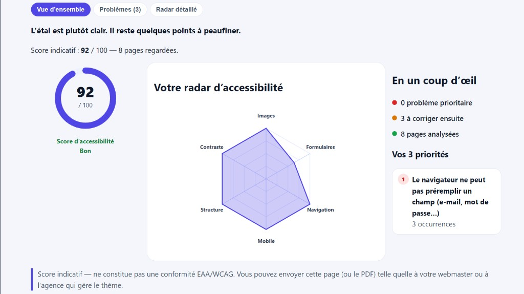 Exemple de rapport : score 92 sur 100, radar d’accessibilité et liste des priorités.